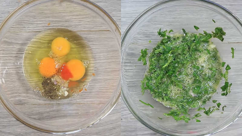 Bạn cho trứng vào tô đánh tan trước khi cho các nguyên liệu khác vào.