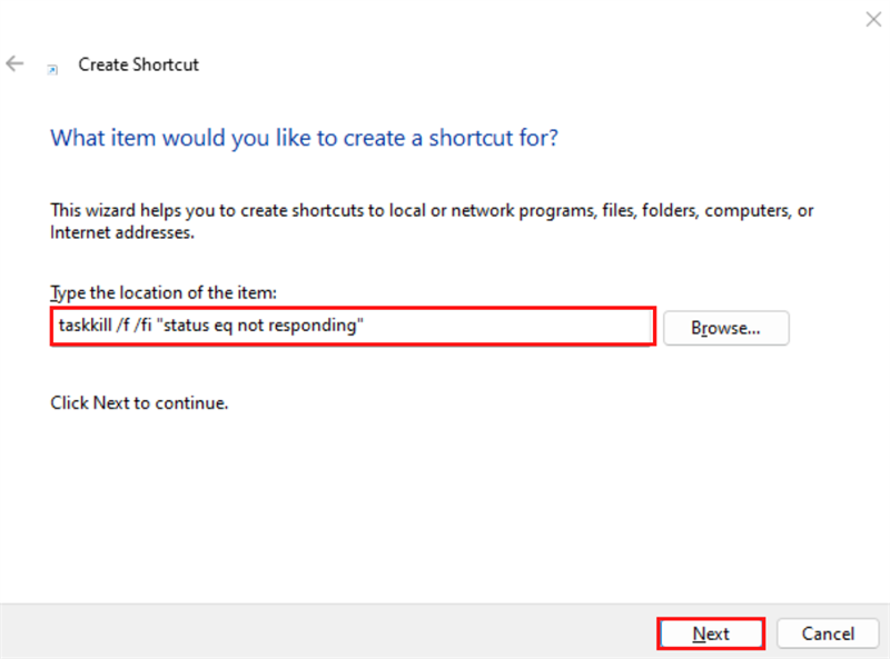 Chuột phải và chọn vào New > Shortcut ” class=”lazy” src=”https://cdn.tgdd.vn/Files/2021/07/19/1369277/khongcotieude1280%C3%971129px_1280x949-800-resize.png” title=”Chuột phải và chọn vào New > Shortcut “/></p>
<p><strong>Bước 2: </strong>Ở phần<strong> Type the location of the item </strong>điền vào đoạn sau<strong> taskkill /f /fi “status eq not responding” </strong>và nhấn vào nút <strong>Next.</strong></p>
<p><img alt=