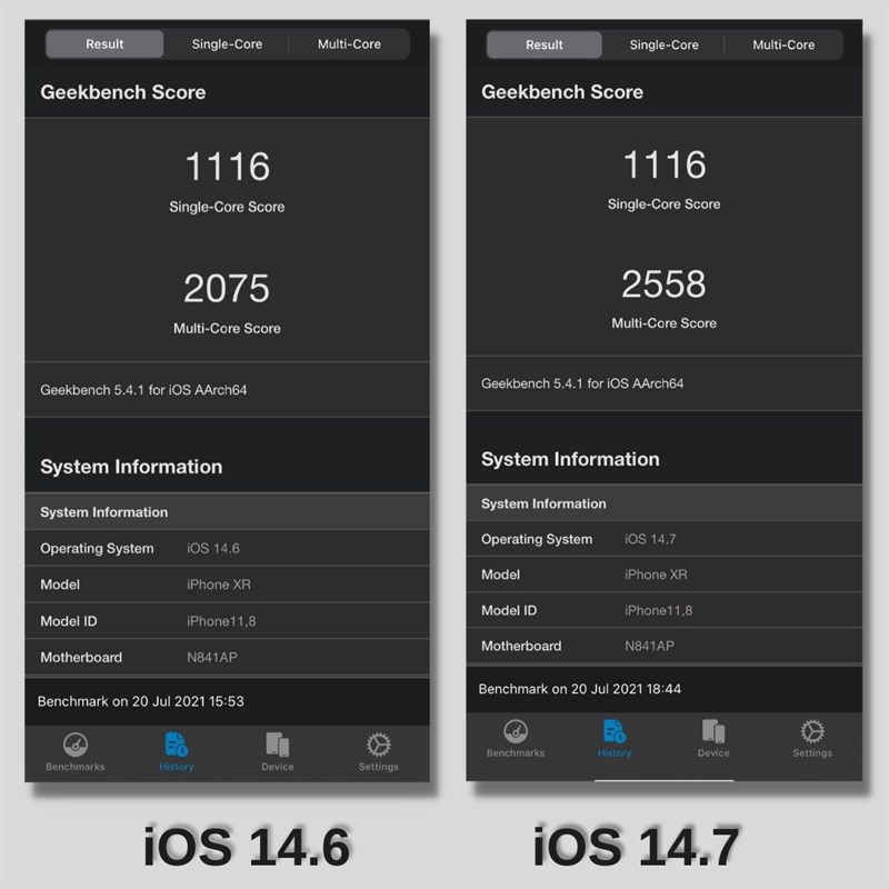 Điểm Geekbench 5 của trước và sau khi nâng cấp iOS 14.7 của iPhone XR