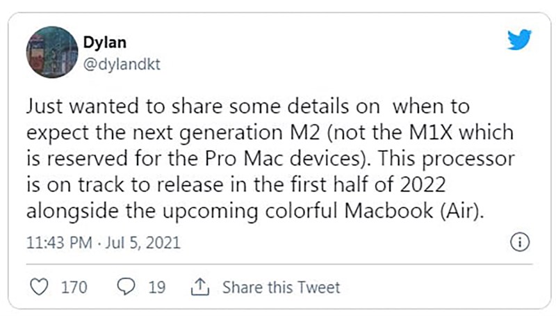Apple có thể trang bị chip Apple M1X (Apple M2) cho những mẫu MacBook mới trong tương lai. Nguồn: Dylandkt.