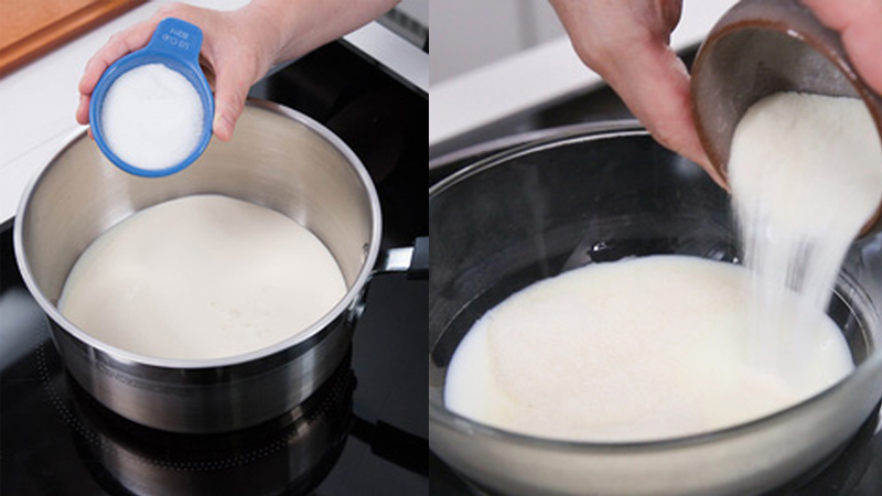 Đun hỗn hợp sữa và hấp cách thuỷ gelatin