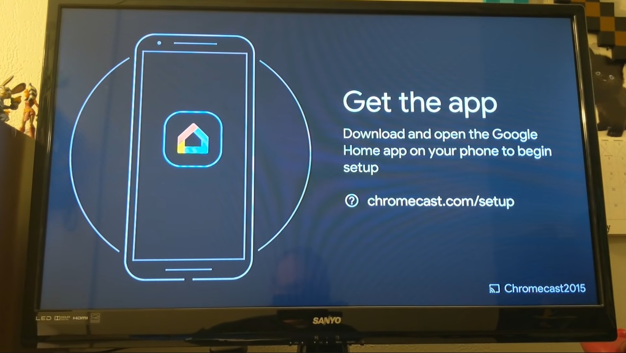 Màn hình tivi sẽ hiển thị Get the app yêu cầu bạn thiết lập kết nối với Chromecast