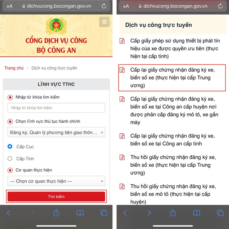 Cách cấp lại giấy tờ xe, biển số xe online