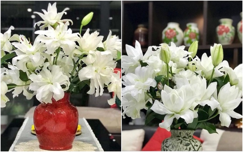 Cắm hoa ly kép trắng với bình gốm sứ thấp tạo nét trang nhã cho căn nhà