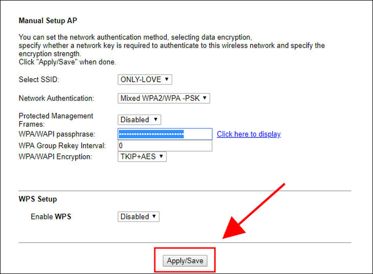 Nhấn Apply/Save để lưu mật khẩu Wi-Fi mới