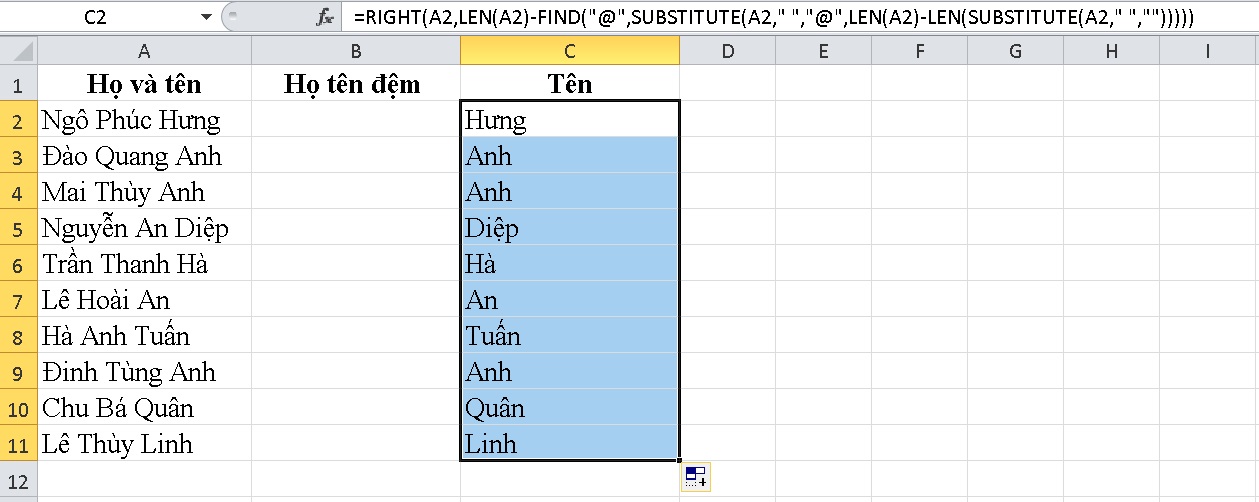 3 cách tách cột họ và tên trong Excel nhanh và đơn giản nhất > Sau đó, bạn kéo chuột đến góc bên phải dưới cùng của ô được chọn (hình vuông nhỏ này được gọi là Fill handle). Giữ và kéo Fill handle xuống cột dọc đến hết ô A11.