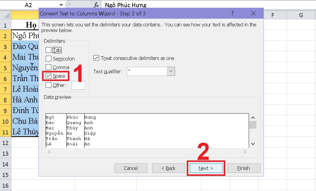 3 cách tách cột họ và tên trong Excel nhanh và đơn giản nhất > Tiếp theo, trong phần Delimiters, bạn chọn Space và nhấn Next.