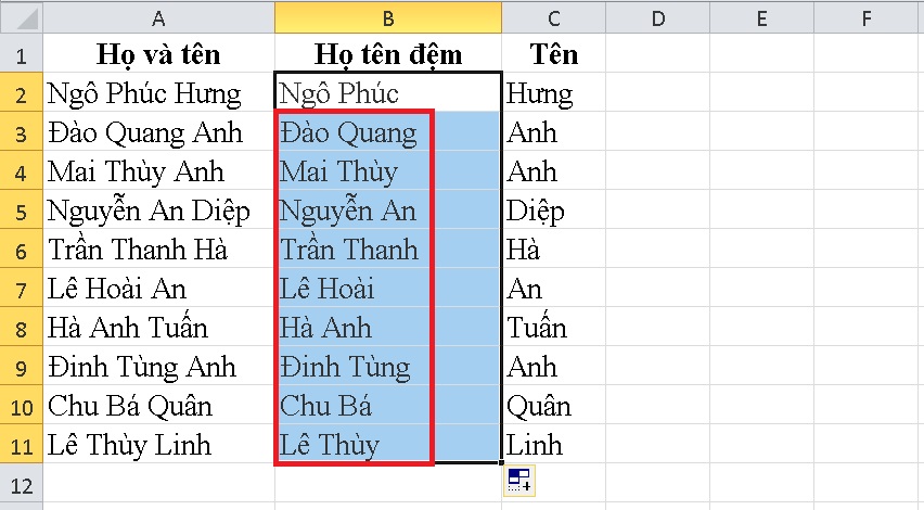 Sau đó, bạn cũng dùng Fill handle để sao chép công thức xuống các ô phía dưới.