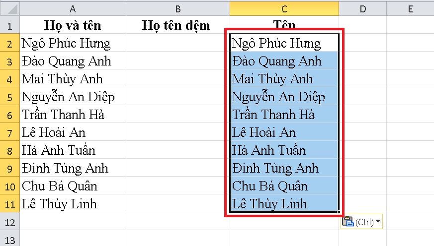 3 cách tách cột họ và tên trong Excel nhanh và đơn giản nhất > Đầu tiên, bạn copy Họ và tên vào cột Tên.