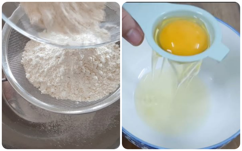 Tách lòng trắng trứng và rây bột mì thật mịn