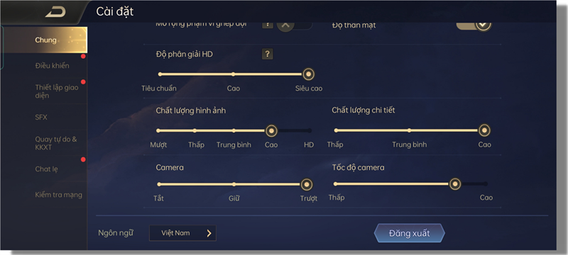 Thiết lập đồ họa trong Liên Quân Mobile mà mình chỉnh để test pin OPPO Reno6Z 5G.