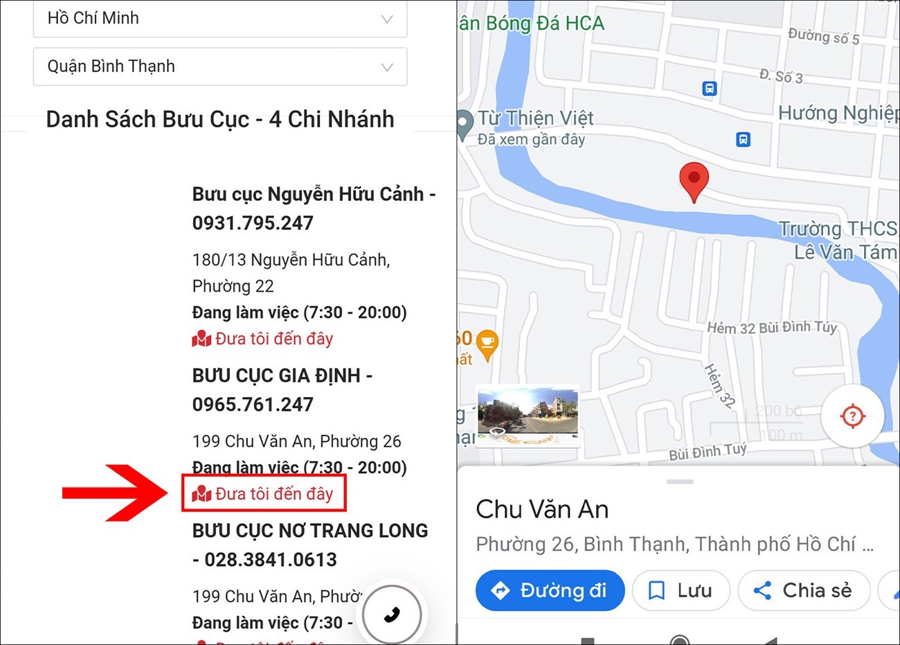 Chọn Đưa tôi đến đây để xem bản đồ chi tiết bưu cục 247Express.