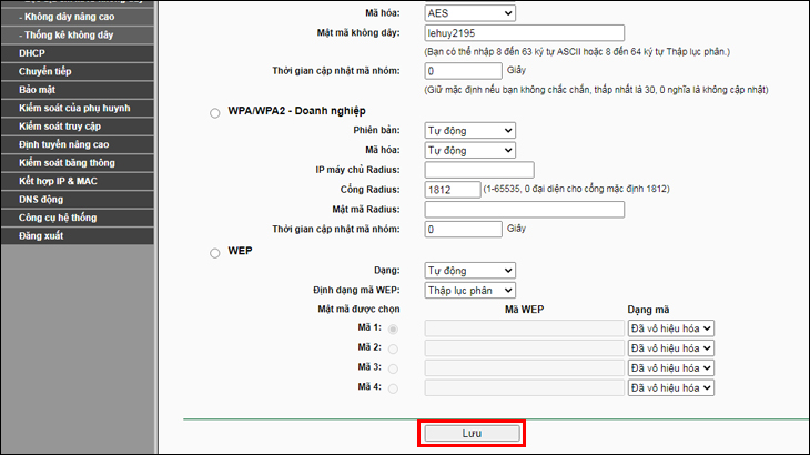 Nhấn Lưu sau khi thay đổi mật khẩu xong