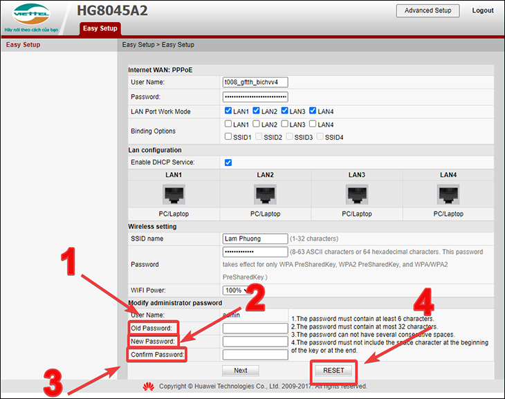 Steps to change Viettel WiFi password using a web browser