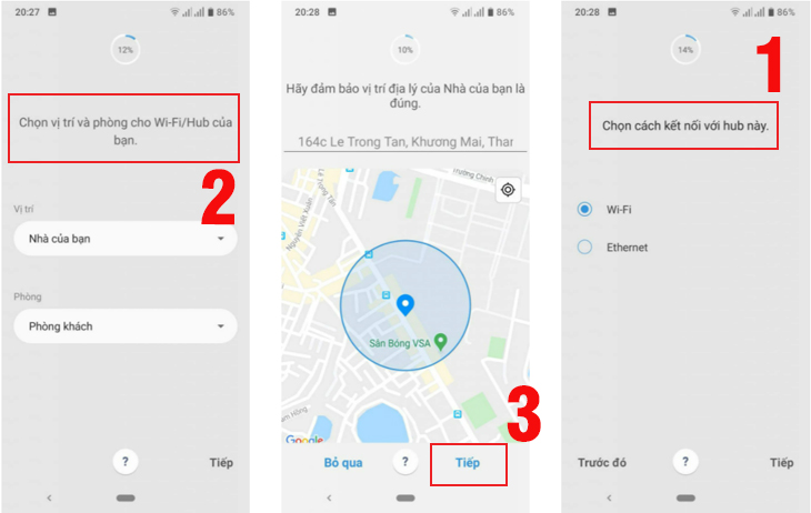 Chọn Hub SmartThings muốn kết nối, chọn vị trí phòng và next