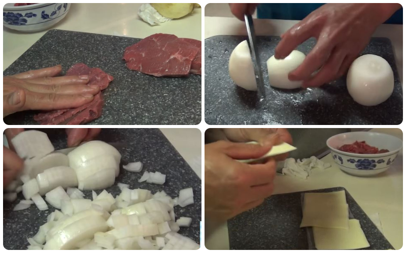 Sơ chế thịt bò, cắt hành tây và bóc lớp vỏ phô mai