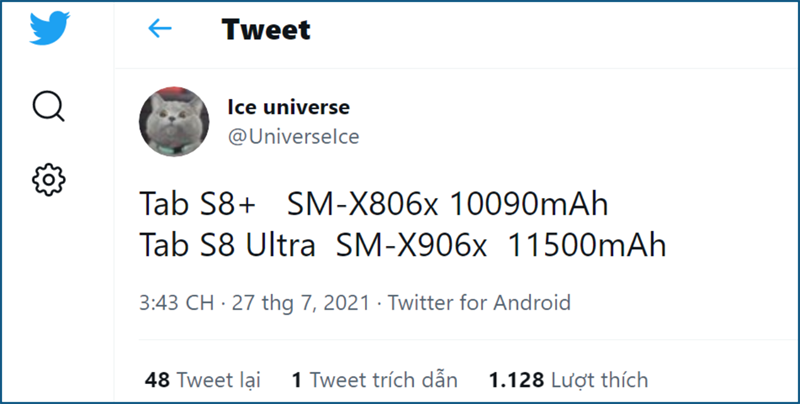 Galaxy Tab S8+ và Galaxy Tab S8 Ultra lộ thông số pin