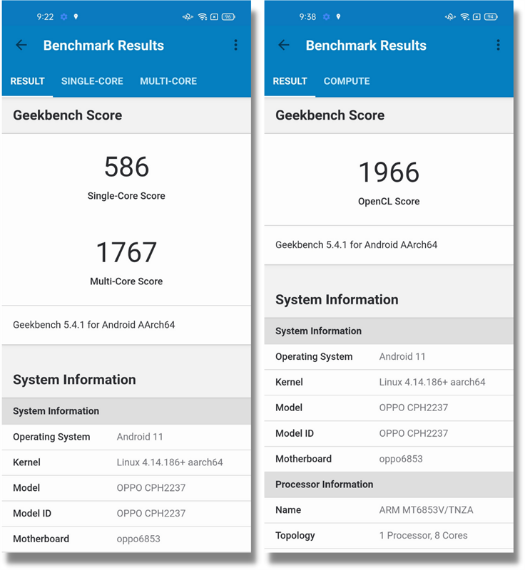 Điểm GeekBench 5 đơn nhân/đa nhân (bên phải) và GPU Compute (bên trái) của OPPO Reno6 Z 5G.