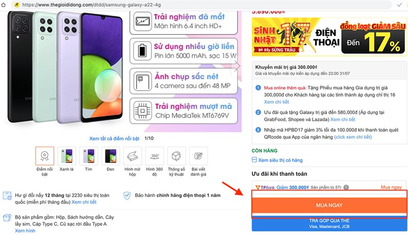 Galaxy A22 đang có những màu sắc nào và đặt mua sẽ có khuyến mãi gì?