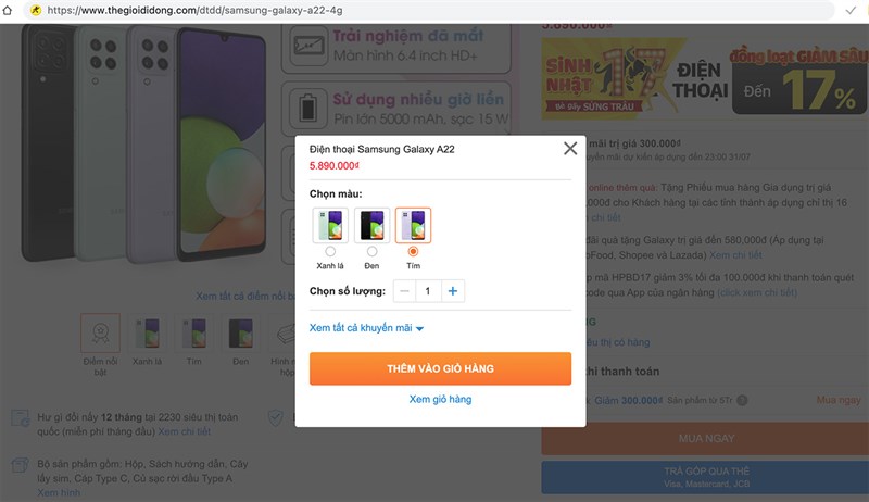 Galaxy A22 đang có những màu sắc nào và đặt mua sẽ có khuyến mãi gì?