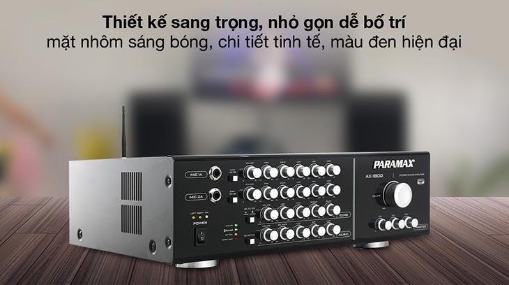 Amply Paramax AX-1800 700W được thiết kế hiện đại, sang trọng với mặt nhôm sáng bóng và chi tiết tinh tế