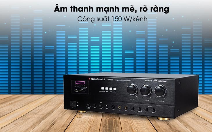 Amply Boston Acoustics BA150 300W có công suất 150W/kênh giúp âm thanh phát ra to và rõ ràng thích hợp hát karaoke, nghe nhạc