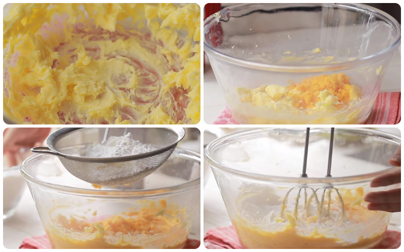 Cho trứng muối và bột mì trộn với bột nở, bột sữa vào và đánh lên