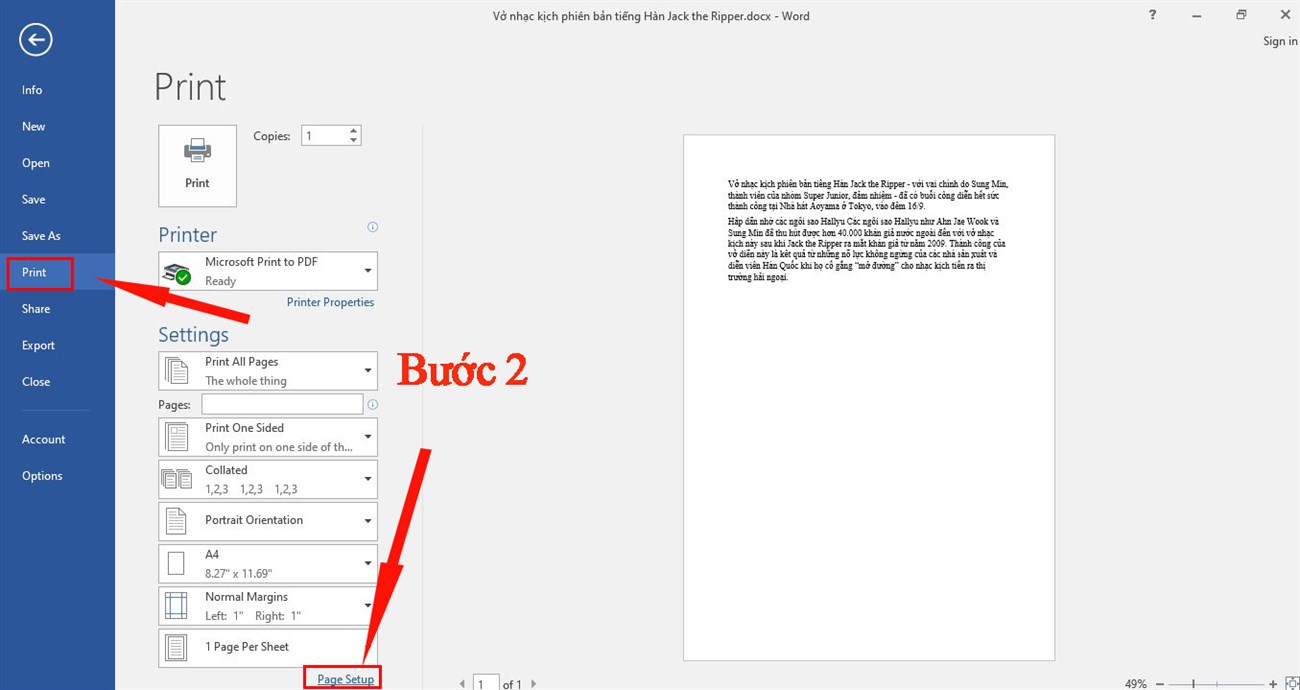 Nhấn vào mục Print, sau đó tiếp tục chọn Page Setup như hình.