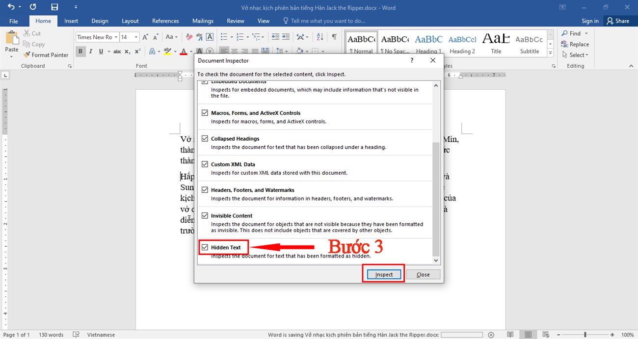 Ở hộp thoại hiện ra, nhấn mục Hidden Text và chọn Inspect.