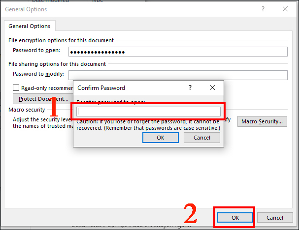 Nhập lại mật khẩu để xác nhận theo thứ tự Password to open rồi đến Password to modify và nhấn OK. 