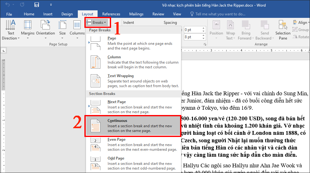 Tại mục Layout, nhấn chọn Breaks và tiếp tục chọn Continuous.