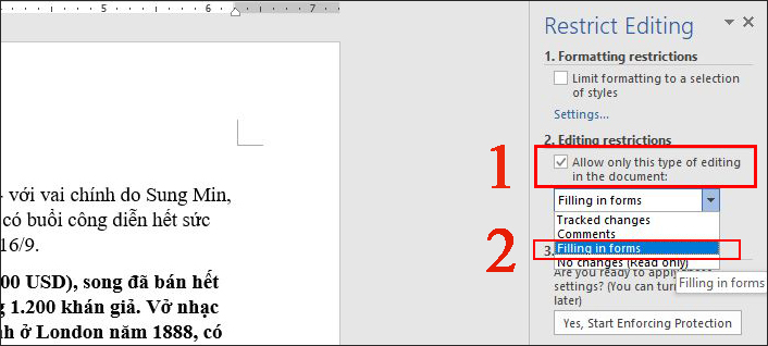 Tích vào ô Allow only this type of editing in the document và chọn chế độ Filling in forms.