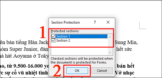 Đánh vào các section bạn muốn khóa và nhấn OK.