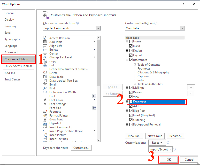 Nhấn vào mục Customize the Ribbon, ở cửa sổ Main Tabs tích vào ô Developer, sau đó nhấn OK.