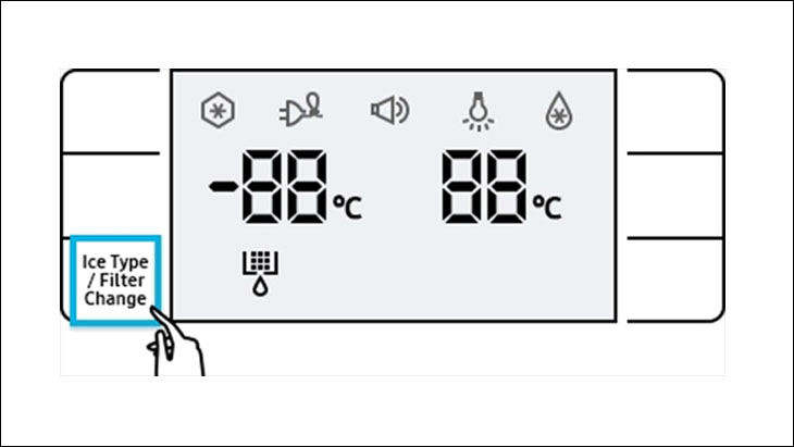 Nhấn và giữ nút Ice Type/ Filter Change trong 3s