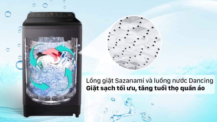 Lồng giặt Sazanami và luồng nước Dancing Water Flow trên máy giặt Panasonic dòng NA-A9BRV giúp giặt sạch đồng đều