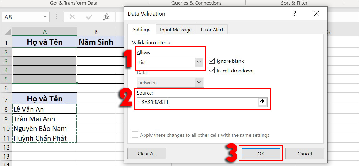 Cách sử dụng Data Validation trong Excel để tạo danh sách nhập dữ liệu