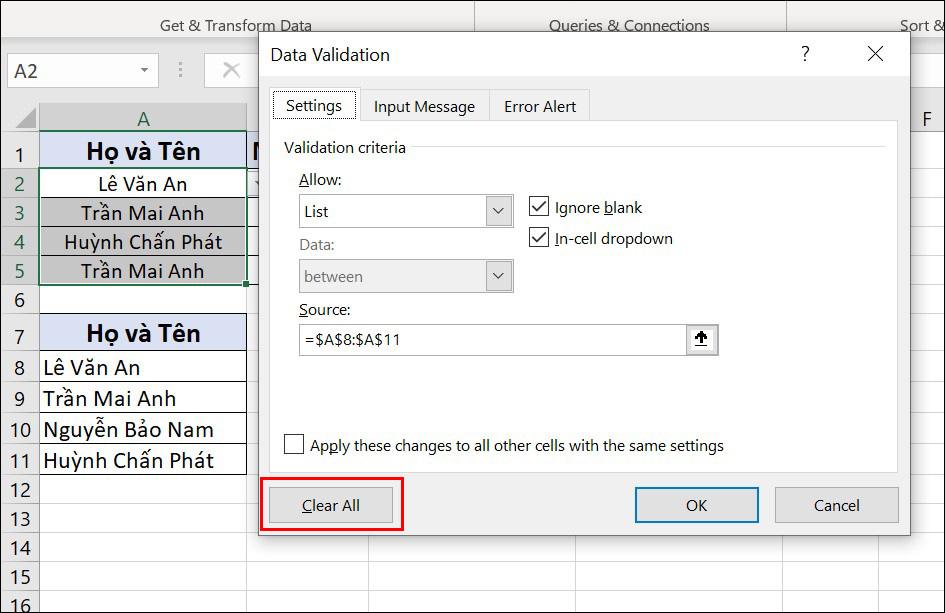  Chọn Clear All để bỏ định dạng Data Validation