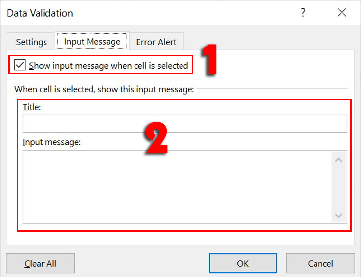 Cài đặt thông báo kiểu dữ liệu phải nhập tại tab Input Message