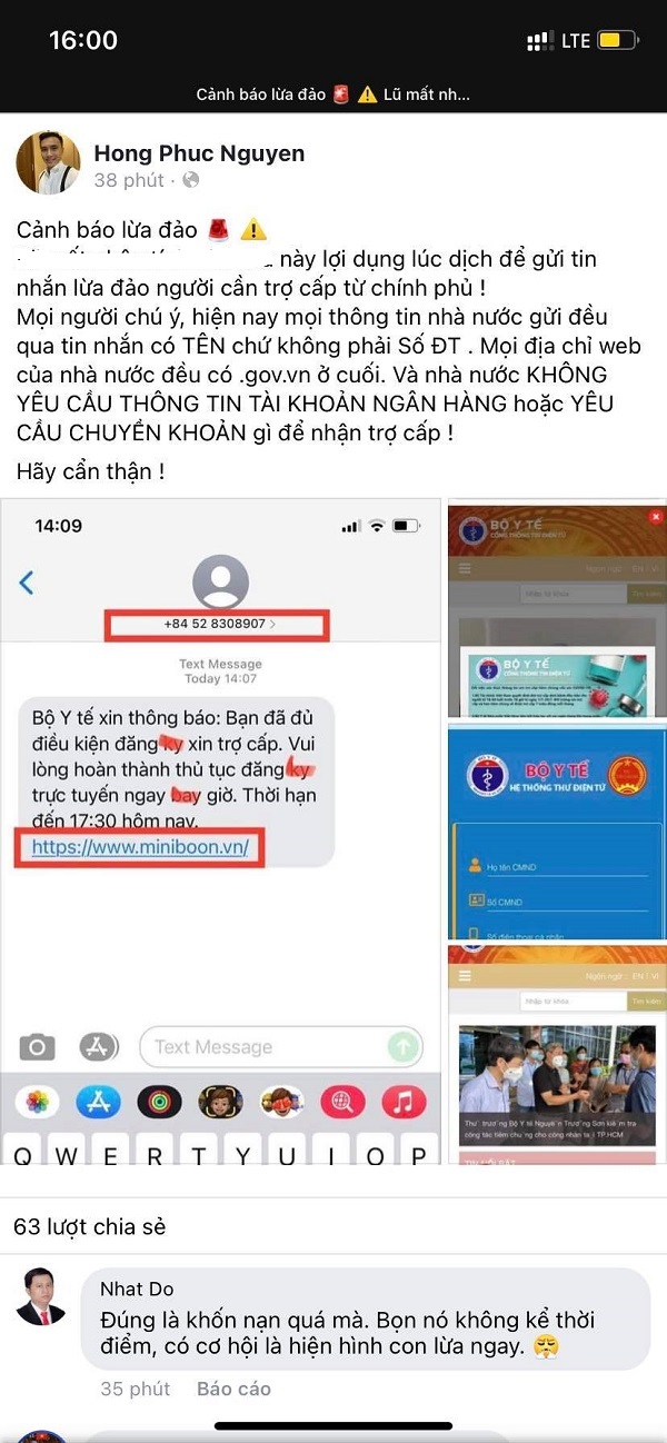 Cảnh báo lừa đảo: Giả danh Bộ Y tế yêu cầu cung cấp thông tin, tài khoản để được hưởng trợ cấp vì dịch Covid