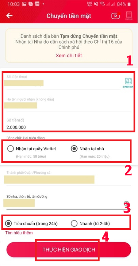 Nhập thông tin, chọn hình thức nhận và nhấn Thực hiện giao dịch