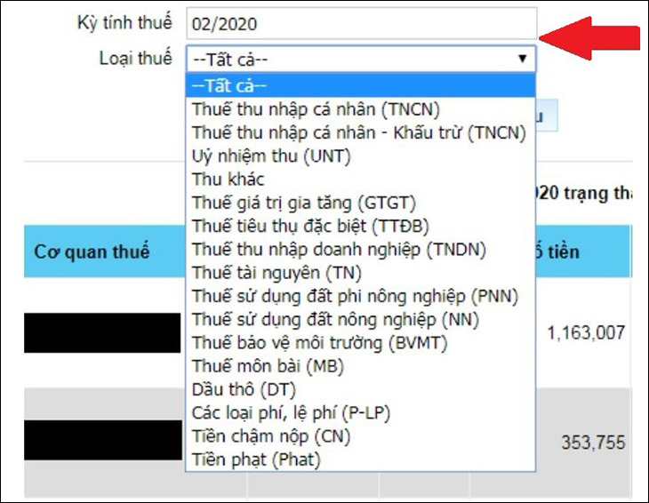 Chọn kỳ tính, loại thuế và nhấn tra cứu.