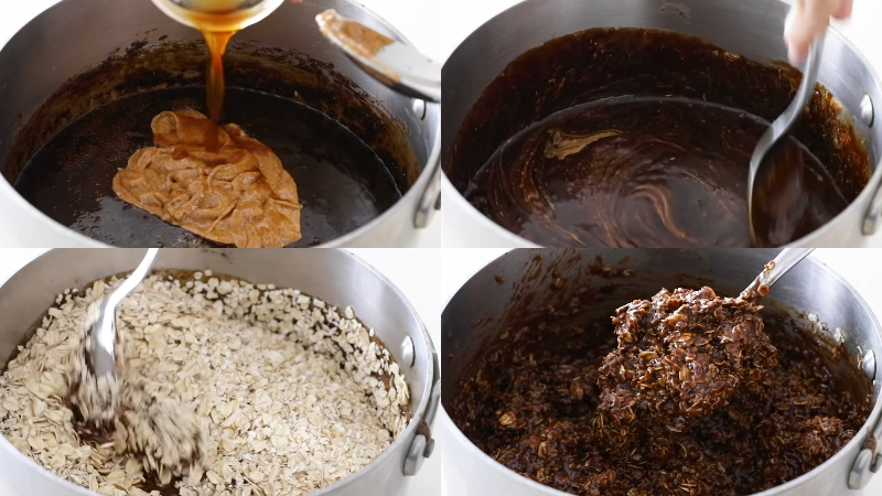 Trộn bơ đậu phộng và yến mạch cùng với hỗn hợp cacao