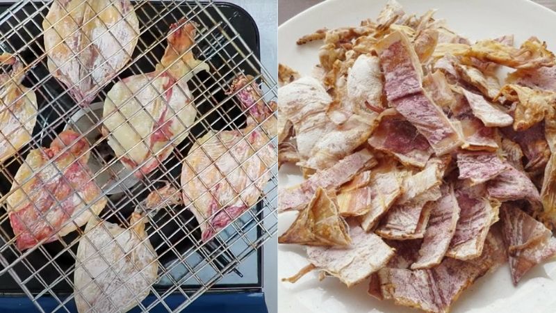 Nướng và xé mực khô