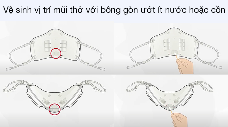 Vệ sinh vị trí mũi thở với bông gòn ít nước hoặc cồn