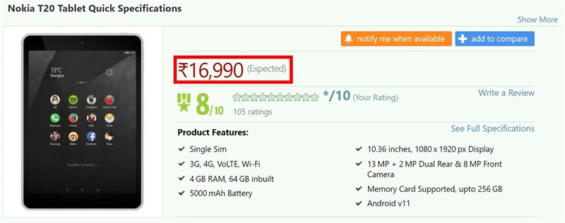 Mức giá của Nokia T20 được dự đoán trên trang Smartprix