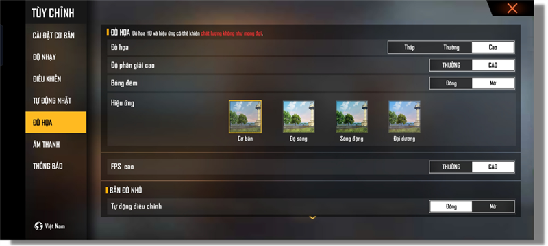 Thiết lập đồ họa trong Free Fire mà OPPO Reno6 5G có thể chỉnh được.