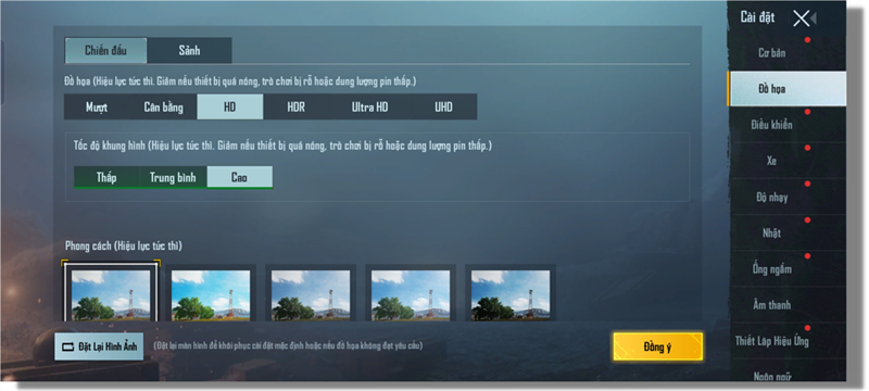 Thiết lập đồ họa trong PUBG Mobile mà OPPO Reno6 5G có thể chỉnh được.