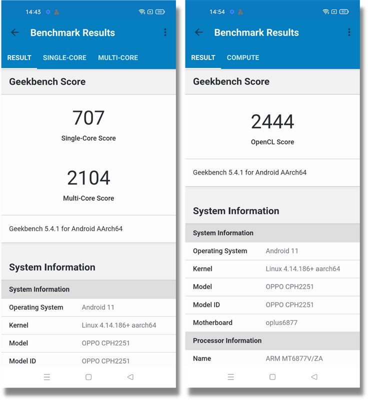 Điểm GeekBench 5 đơn nhân/đa nhân (bên phải) và GPU Compute (bên trái) của OPPO Reno6 5G. Điểm GeekBench 5 đơn nhân/đa nhân (bên phải) và GPU Compute (bên trái) của OPPO Reno6 5G.