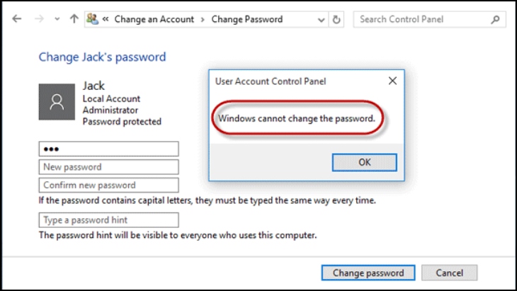 Lỗi Không thể đặt mật khẩu cho máy tính